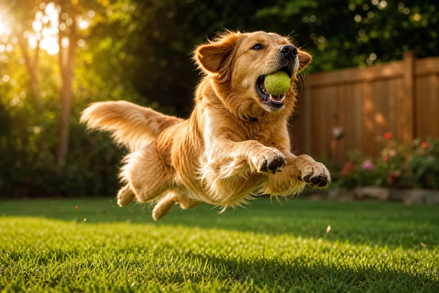 A happy golden retriever leaping to catch a ball outdoors