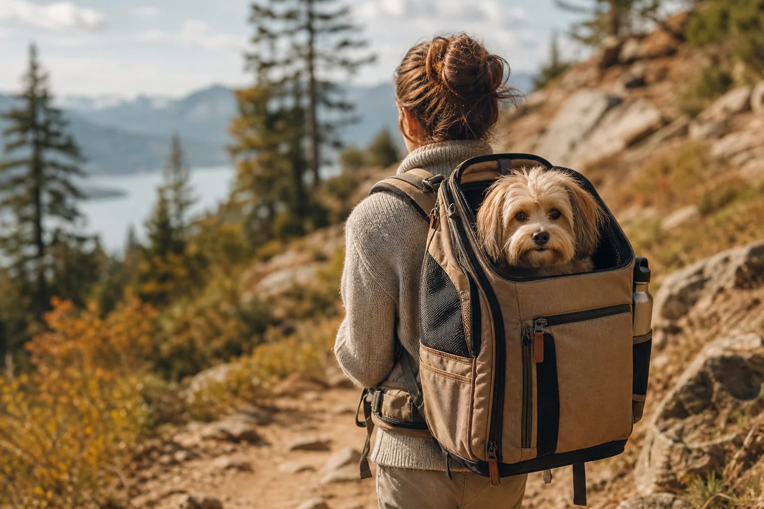 A small dog riding in a travel backpack carrier on a hiking trail